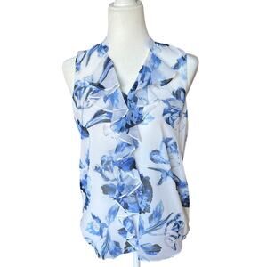 Karl Lagerfeld Paris Blue Floral Sleeveless Ruffle Blouse Women's XS Romantic